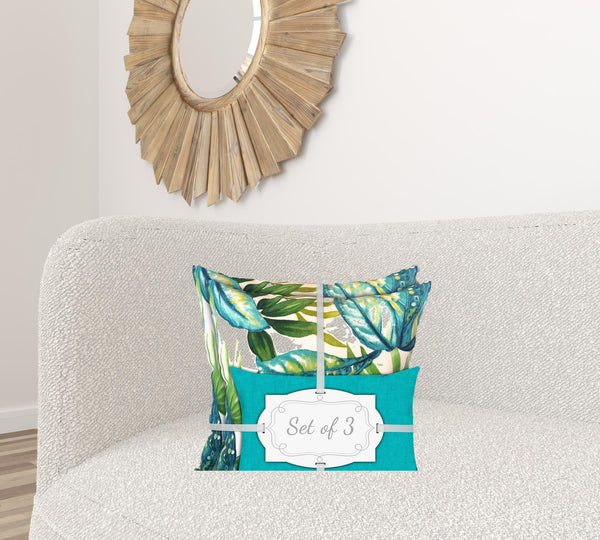 Homeroots Set Of Three 18" X 18" White And Gray Blown Seam Tropical Throw Indoor Outdoor Pillow  Uv Protected Polyester 416598