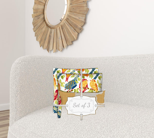 Homeroots Set Of Three 18" X 18" Gold And White Bird Blown Seam Throw Indoor Outdoor Pillow  Uv Protected Polyester 416611