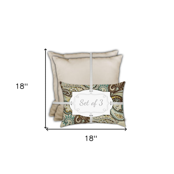 Homeroots Set Of Three 18" X 18" Brown And Tan Blown Seam Paisley Throw Indoor Outdoor Pillow  Uv Protected Polyester 416617