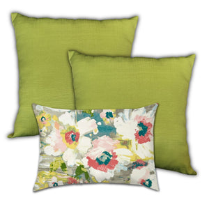 Homeroots Set Of Three 18" X 18" Green And White Blown Seam Floral Throw Indoor Outdoor Pillow  Uv Protected Polyester 416620