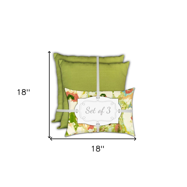 Homeroots Set Of Three 18" X 18" Green And White Blown Seam Floral Throw Indoor Outdoor Pillow  Uv Protected Polyester 416620