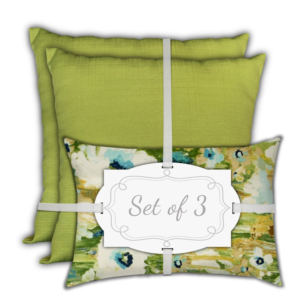 Homeroots Set Of Three 18" X 18" Green And Blue Blown Seam Floral Throw Indoor Outdoor Pillow  Uv Protected Polyester 416621