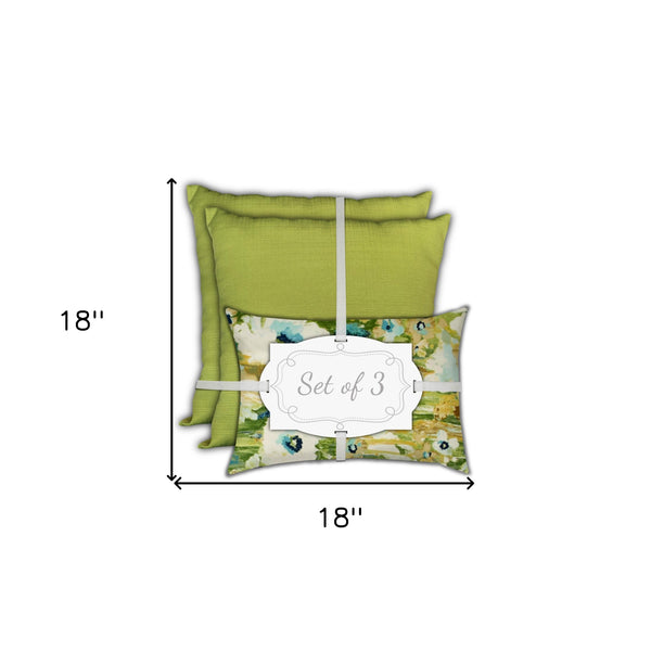 Homeroots Set Of Three 18" X 18" Green And Blue Blown Seam Floral Throw Indoor Outdoor Pillow  Uv Protected Polyester 416621