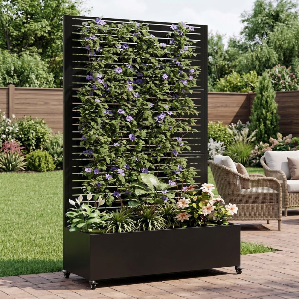 English Elm Metal Raised Garden Bed with Integrated Trellis Lockable Wheels and Privacy Screen W347P455026
