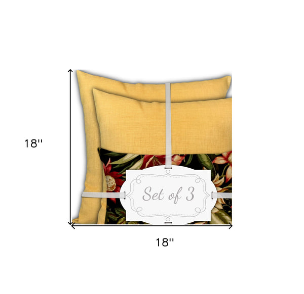 Homeroots Set Of Three 18" X 18" Black And Red Zippered Floral Throw Indoor Outdoor Pillow  Uv Protected Polyester 416656