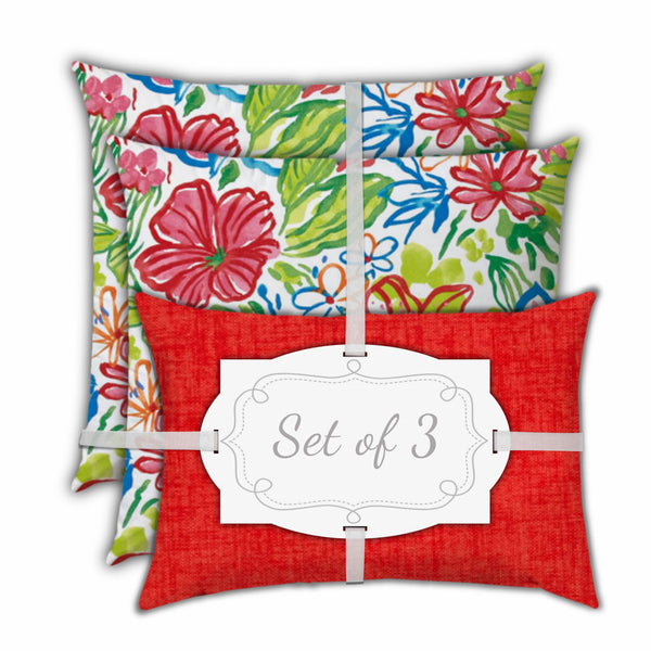 Homeroots Set Of Three 18" X 18" Red And White Zippered Floral Throw Indoor Outdoor Pillow  Uv Protected Polyester 416693