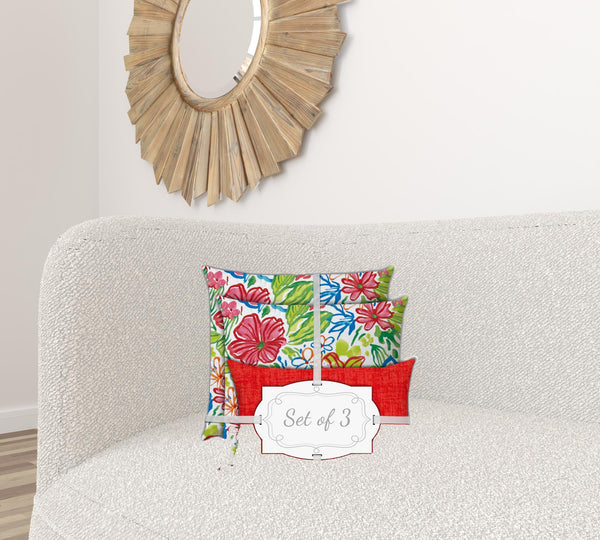 Homeroots Set Of Three 18" X 18" Red And White Zippered Floral Throw Indoor Outdoor Pillow  Uv Protected Polyester 416693