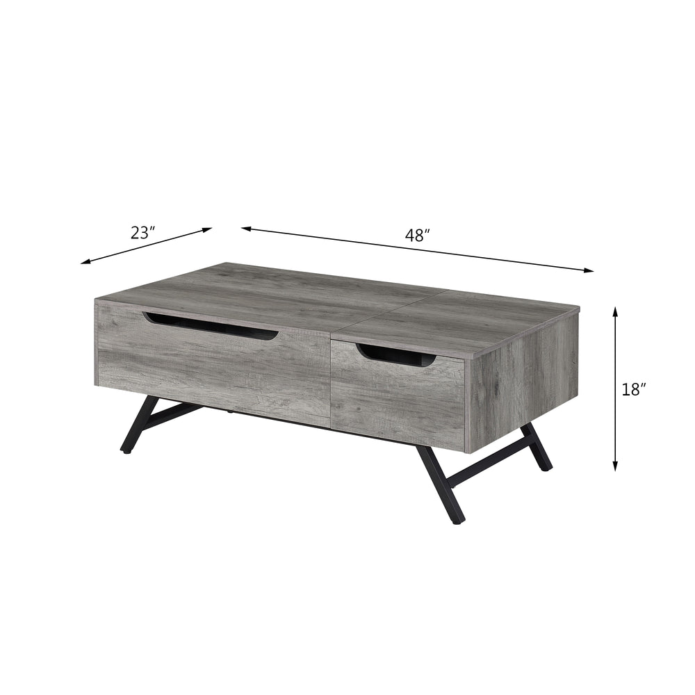 English Elm Throm Gray Oak Lift-Top Coffee Table with Hidden Storage Drawer, Industrial Splayed Iron Legs — Modern centerpiece B2726P251671