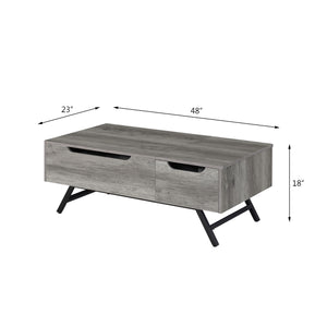 English Elm Throm Gray Oak Lift-Top Coffee Table with Hidden Storage Drawer, Industrial Splayed Iron Legs — Modern centerpiece B2726P251671