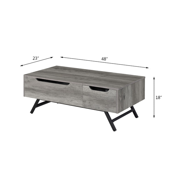 English Elm Throm Gray Oak Lift-Top Coffee Table with Hidden Storage Drawer, Industrial Splayed Iron Legs — Modern centerpiece B2726P251671