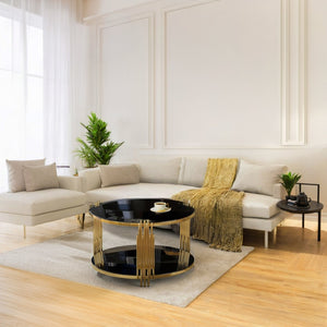 English Elm Modern Round Coffee Table Black Tempered Glass Top Gold Drum Base Living Room Glam N735P177478B
