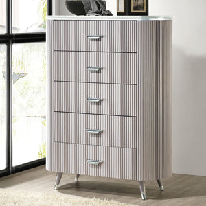 English Elm Unique Contemporary Chest with Cultured Stone Top, Reeded Panels, Silver Accents, Dovetail Drawers and Chrome Legs Light Gray 41 L x 21 W x 52 H B2741P370870