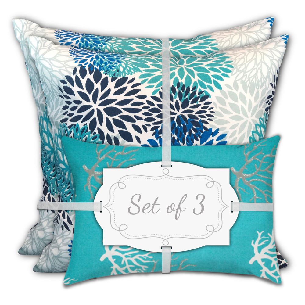 Homeroots Set Of Three 18" X 18" Blue And White Zippered Coastal Throw Indoor Outdoor Pillow  Uv Protected Polyester 416709