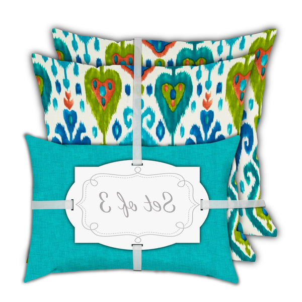 Homeroots Set Of Three 18" X 18" Green And White Zippered Ikat Throw Indoor Outdoor Pillow  Uv Protected Polyester 416748