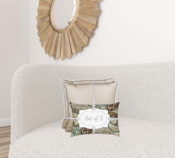 Homeroots Set Of Three 18" X 18" Brown And Tan Zippered Paisley Throw Indoor Outdoor Pillow  Uv Protected Polyester 416790