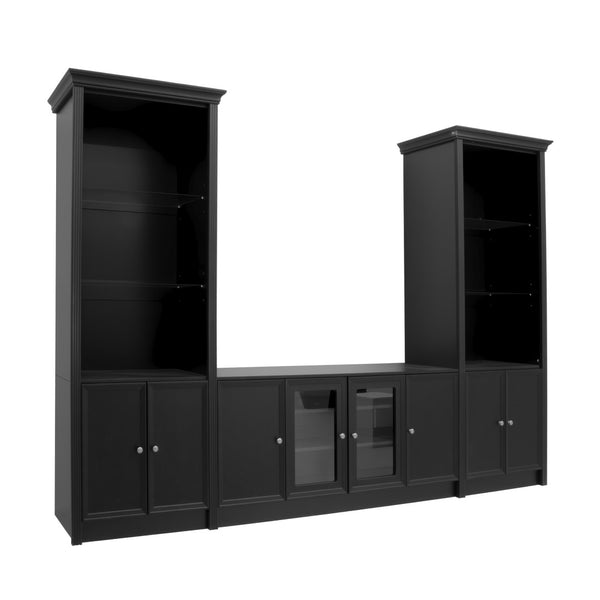 English Elm U-can Three Piece Wall Unit Built-in Media Center with Crown Molding and Tempered Glass Storage Black SJ000156AAB