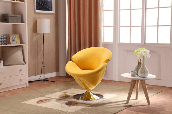English Elm Tulip Velvet Swivel Lounge Chair — Yellow Velvet 360° Swivel, Chrome Base, Modern Tulip Design B365P398422