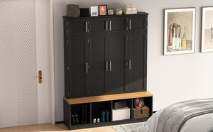 English Elm Wood Entryway Hall Tree with Bench Seating Coat Hooks Shoe Cubbies Cabinet Black W5271S00003