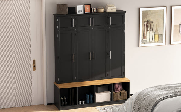 English Elm Wood Entryway Hall Tree with Bench Seating Coat Hooks Shoe Cubbies Cabinet Black W5271S00003