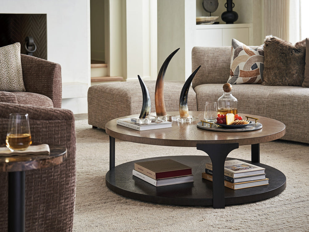 Lexington Kenya Round Cocktail Table - Contemporary Design With Radial Veneer, Metal Supports & Warm Taupe Finish Senegal  416-943