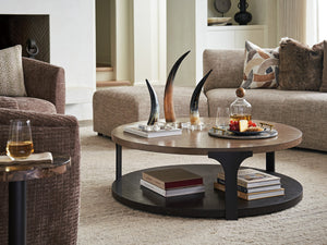 Lexington Kenya Round Cocktail Table - Contemporary Design With Radial Veneer, Metal Supports & Warm Taupe Finish Senegal  416-943