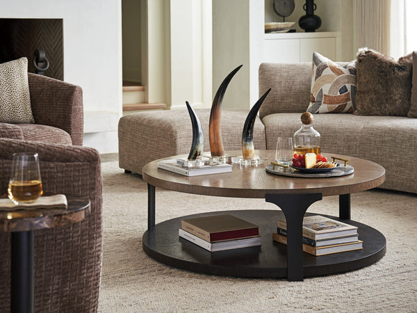 Lexington Kenya Round Cocktail Table - Contemporary Design With Radial Veneer, Metal Supports & Warm Taupe Finish Senegal  416-943