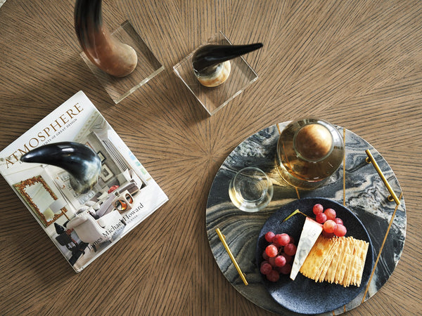 Lexington Kenya Round Cocktail Table - Contemporary Design With Radial Veneer, Metal Supports & Warm Taupe Finish Senegal  416-943