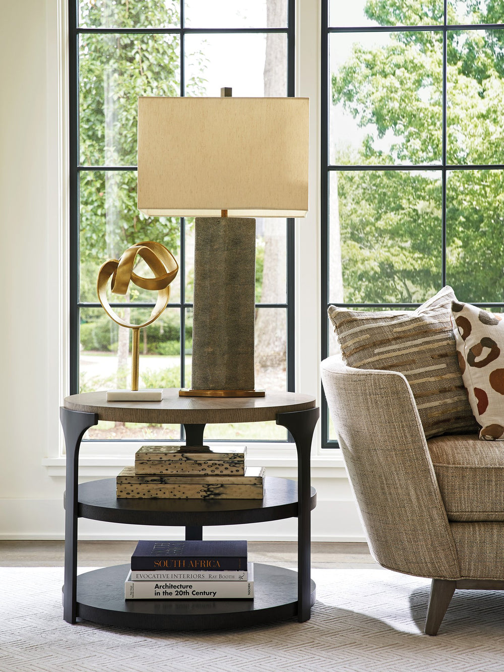 Lexington Kenya End Table With Radial Matched Veneer Top And Dark Tunis Shelves For Contemporary Living Spaces Senegal  416-953