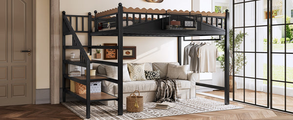 English Elm Twin Xl Metal Loft Bed with Stair Storage Shelves Sturdy Steel Frame for Dorms W1580S00379