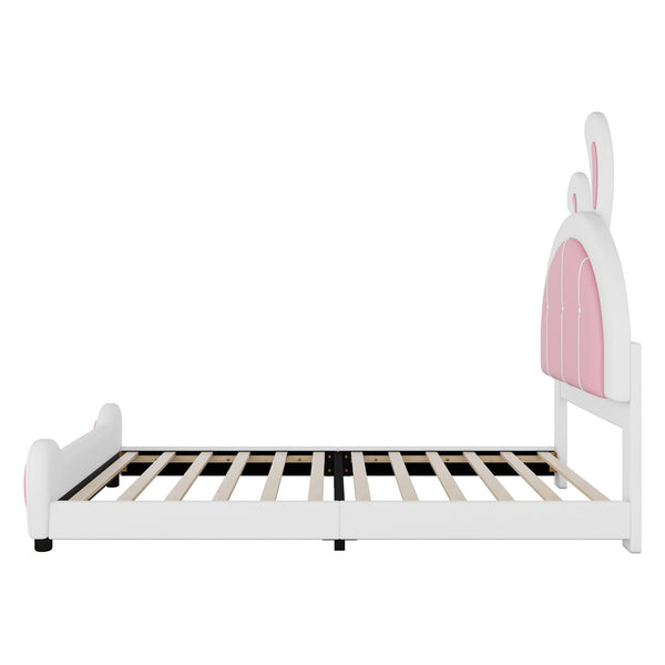 English Elm Twin Upholstered Platform Bed with Ribbit Headboard, White Pink Ears, Low-Profile Modern Frame, Cute WF323763AAK