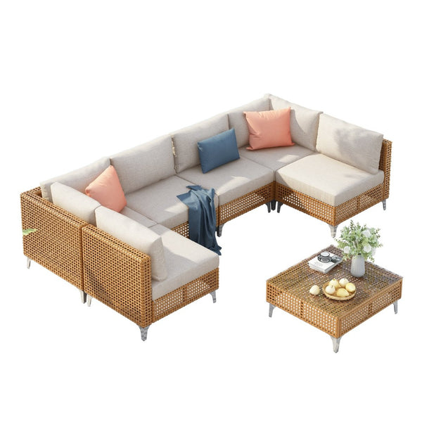 English Elm K&k 7 Piece Outdoor Modular Sectional Wicker Sofa Set with Tempered Glass Coffee Table Beige,Orange N707S000011Z