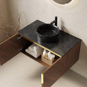 English Elm Dina Floating Bathroom Vanity Sintered Stone Top Glass Basin Striped Plywood Cabinet W2615S00550