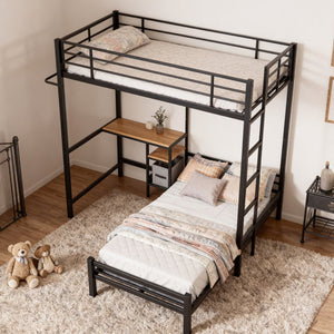 English Elm Bunk Bed Twin Over Twin With Integrated Desk, Storage, Safety Guardrails & Ladder - Black Metal Design W3752P378630