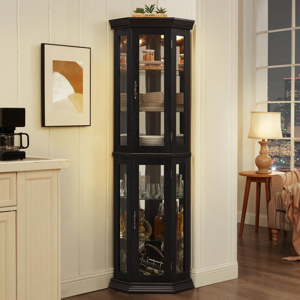 English Elm Lighted Corner Curio Cabinet - Elegant Display With Adjustable Shelves & Ambient Lighting - Black W1758P300129