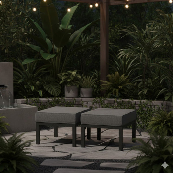 English Elm Set of 2 Powder-coated Aluminum Outdoor Ottomans with Uv-resistant Cushions Dark Gray B082P454986