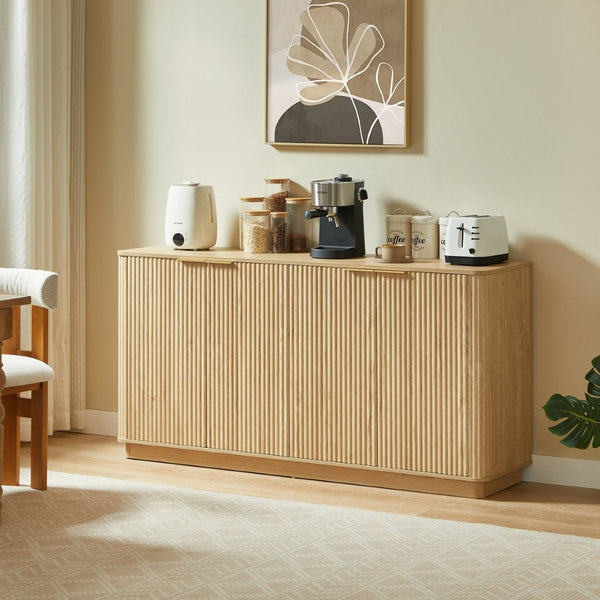 English Elm 63" Wave Front Sideboard with Four Door Storage for Living Room Hallway Bedroom Oak W1820P431360