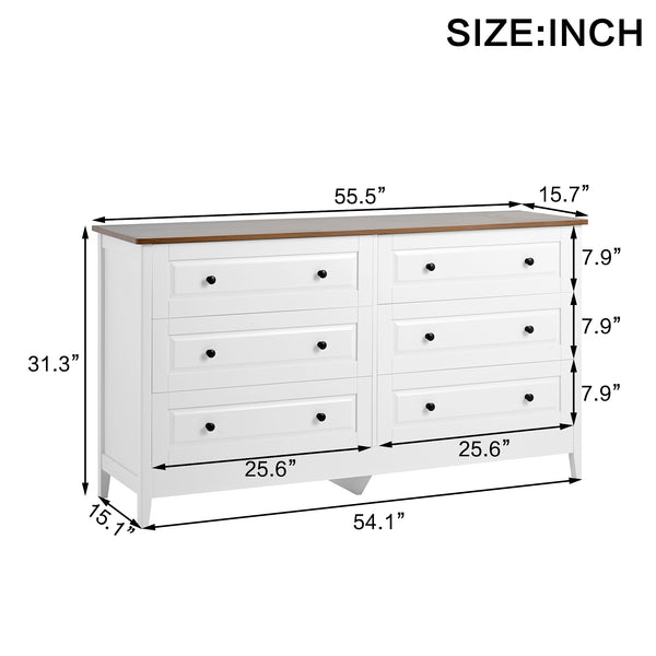 English Elm White 6-Drawer Dresser with Wide Top Surface, Smooth Glide Drawers & Alloy Handles for Bedroom and Living Room Ivory White,White+Red W1157P307957