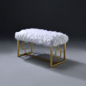 English Elm White Faux Fur Glam Bench With Gold Sled Base | Stylish Entryway Seating For Modern Homes B062P189116-GIGA