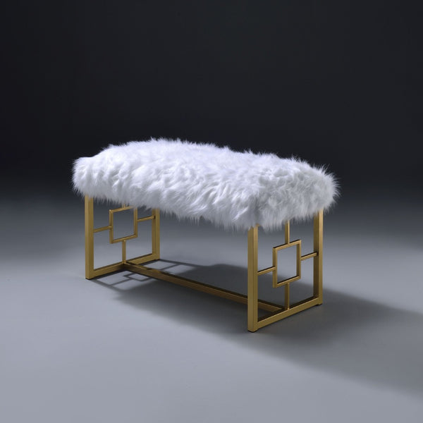 English Elm White Faux Fur Glam Bench With Gold Sled Base | Stylish Entryway Seating For Modern Homes B062P189116-GIGA