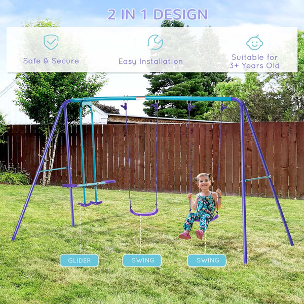 English Elm Outsunny Heavy Duty Metal A-frame Swing Set with Glider and Two Adjustable Seats W2225P200834