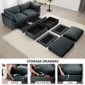 English Elm 2 Seater Sofa With Movable Ottomans & Hidden Storage Drawers - Chic Chenille Comfort & Style W3041S00194