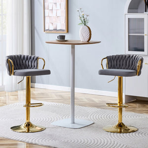 English Elm Set of 2 Velvet Swivel Barstools with Braided Rope Back and Adjustable Pedestal Base Gold,Gray W3875P383914