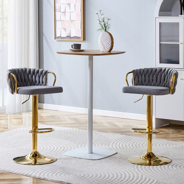 English Elm Set of 2 Velvet Swivel Barstools with Braided Rope Back and Adjustable Pedestal Base Gold,Gray W3875P383914