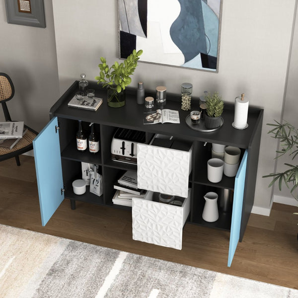 English Elm Sideboard Buffet Cabinet - Modern Black & Blue Storage Solution With Drawers For Dining & Kitchen Decor W409P176594-GIGA