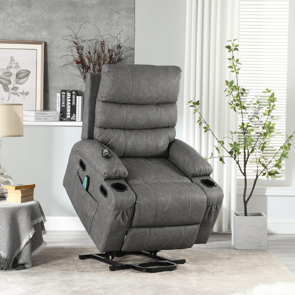 English Elm 21"seat Large Electric Power Lift Recliner Chair with 8-Point Vibration Massage, Lumbar Heat, Remote Control Gray 29.52 L x 26.77 W x 20.47 H W2297P264019