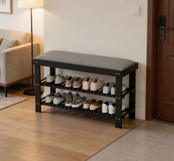 English Elm Entryway Bamboo Shoe Storage Bench with Padded Seat and Two Tier Slatted Shelf T3971P430917