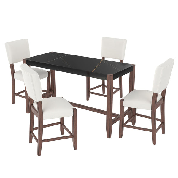 English Elm 5-Piece Counter Height Dining Set with Faux Marble Top and Upholstered Seats, Mid-Century Pub Charm Black+Beige N752S000086D
