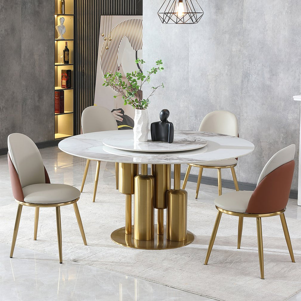 English Elm Modern Marble Dining Table - 59" Round Sintered Stone With 360° Lazy Susan For Chic Dining Spaces W2699S00014