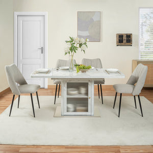 English Elm 47.24"-63"Modern Rectangle Dining Table with Extendable Top, Printed Marble Look, Sturdy Steel Base & Storage White W757P331962