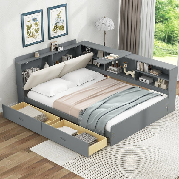 English Elm Wood Full Size platform bed with storage headboard, built-in shelves and drawers, sturdy pine frame, compact solution for small rooms Gray GX002054AAE